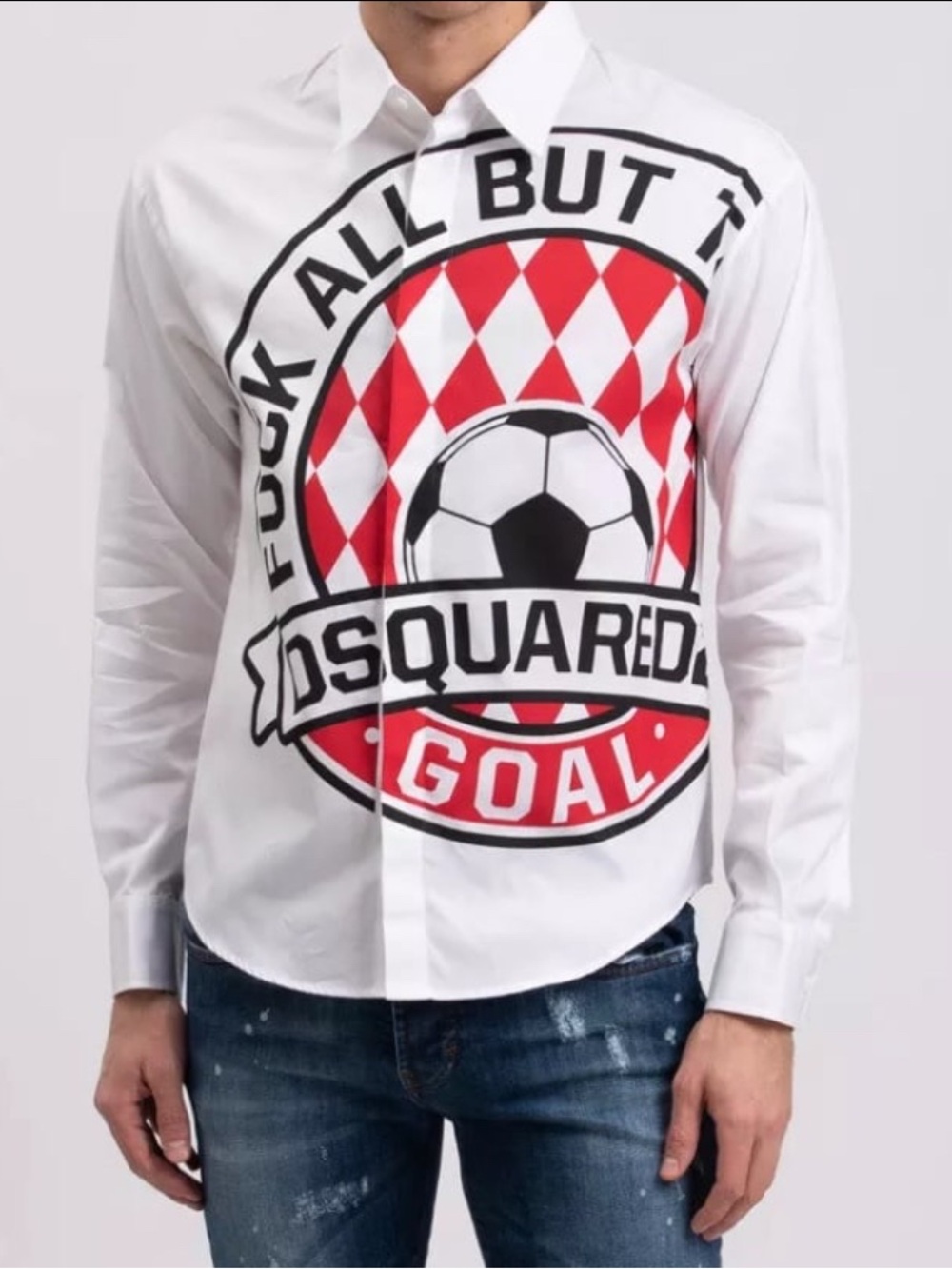 DSQUARED2 White Button-Down Shirt with Red and Black Soccer Graphic